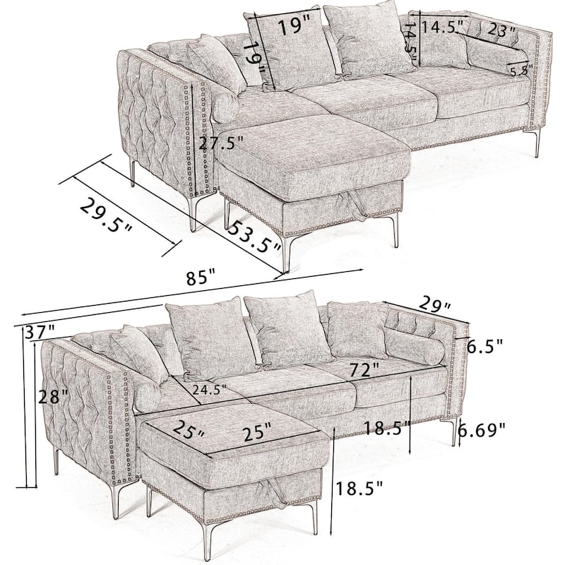 Convertible Chenille L-Shaped Sofa with Storage Ottoman and Tufted Design
