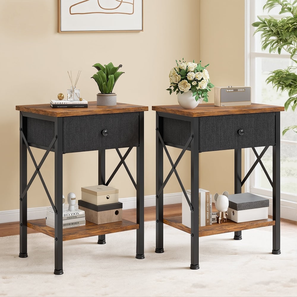 Javlergo 2 Pack X Frame Nightstand with Removable Fabric Drawer Easy to Clean Multifunctional End Table with Open Shelf