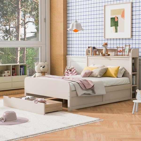 slide 2 of 13, Full Cream Platform Bed with Side Storage Headboard & Drawers Cream - Full