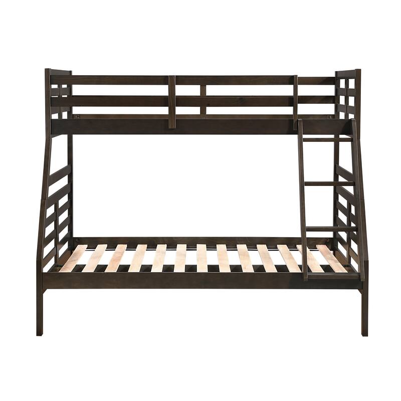 Twin Over Full Bunk Bed in Dark Brown, Durable Wood, Space-Saving Youth Furniture