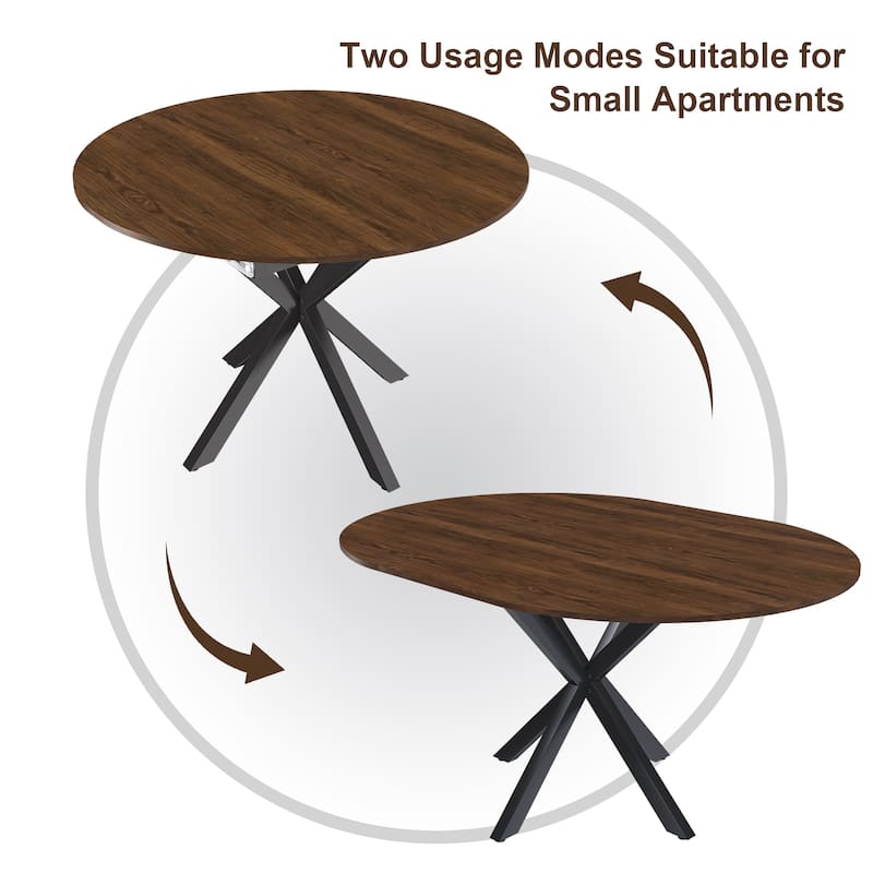 Retractable dining table, round dining table, extendable dining table, 6-person carbon steel base, modern and simple solid wood