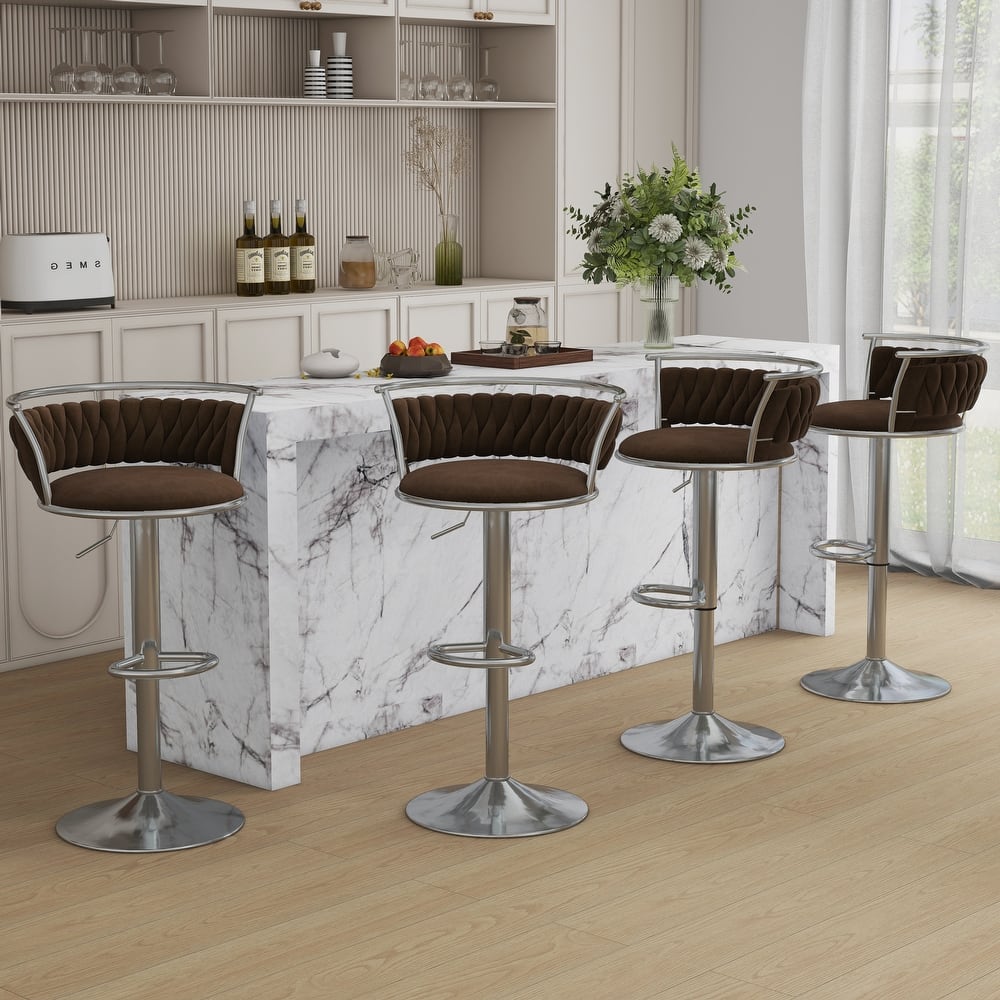 4 Set Velvet Adjustable Swivel Bar Stools With Backs