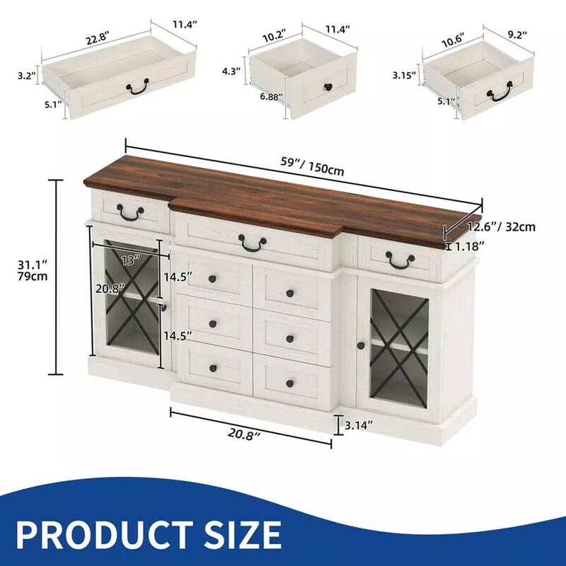 Farmhouse TV Stands Buffet Sideboard with 9 Drawers Cabinet White - 58 inches