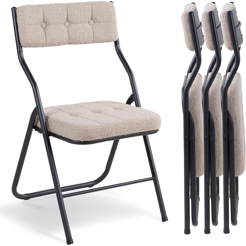 Velvet Upholstered Steel Tufted Folding Dining Chairs(set of 4) - Khaki+Teddy