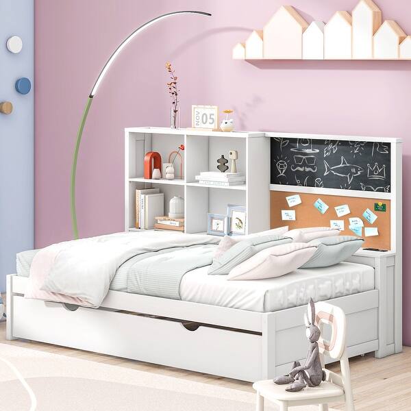 slide 2 of 33, Daybed with 4 Storage Compartment, Blackboard, Cork Board and Trundle, Wooden Captain Bed with USB Ports for Bedroom White - Twin