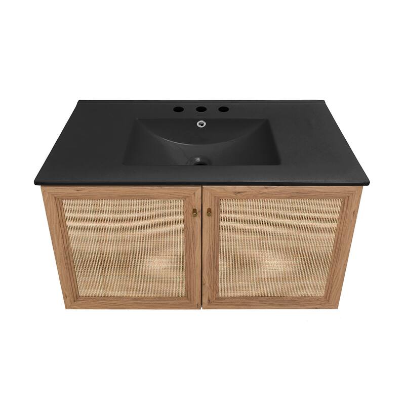 Classe 36 In. Brown Oak Wall Hung Bathroom Vanity With Black, 3-Hole Ceramic Sink Top