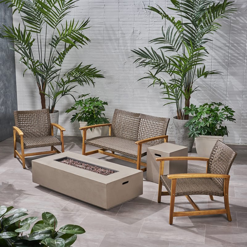 Augusta Outdoor Acacia Wood and Wicker 4 Seater Chat Set with Fire Pit by Christopher Knight Home