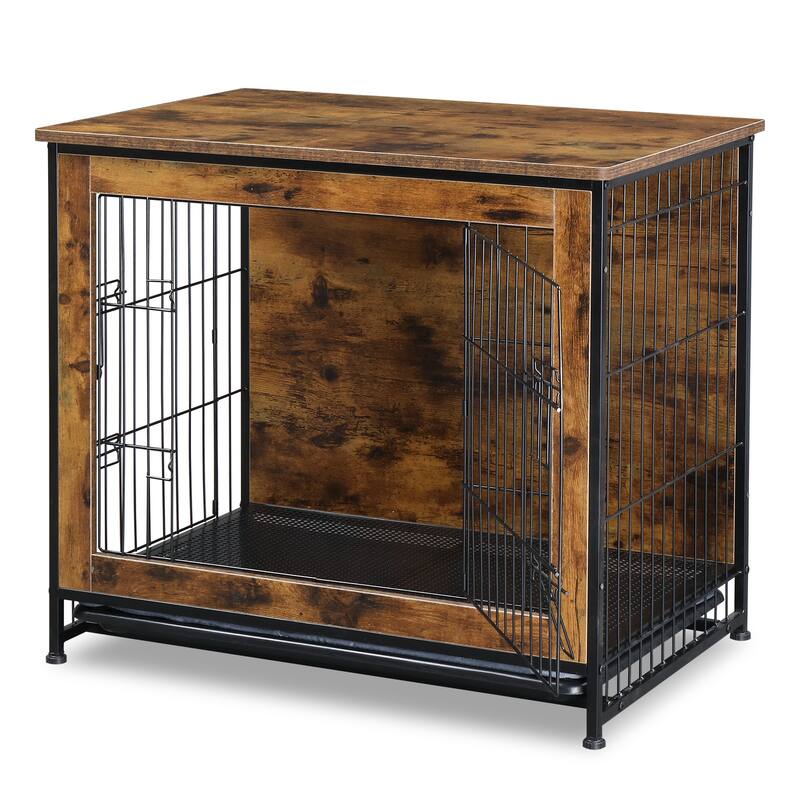 Rustic Brown Wooden Double Doors Dog Crate with Cushion and Adjustable Feet