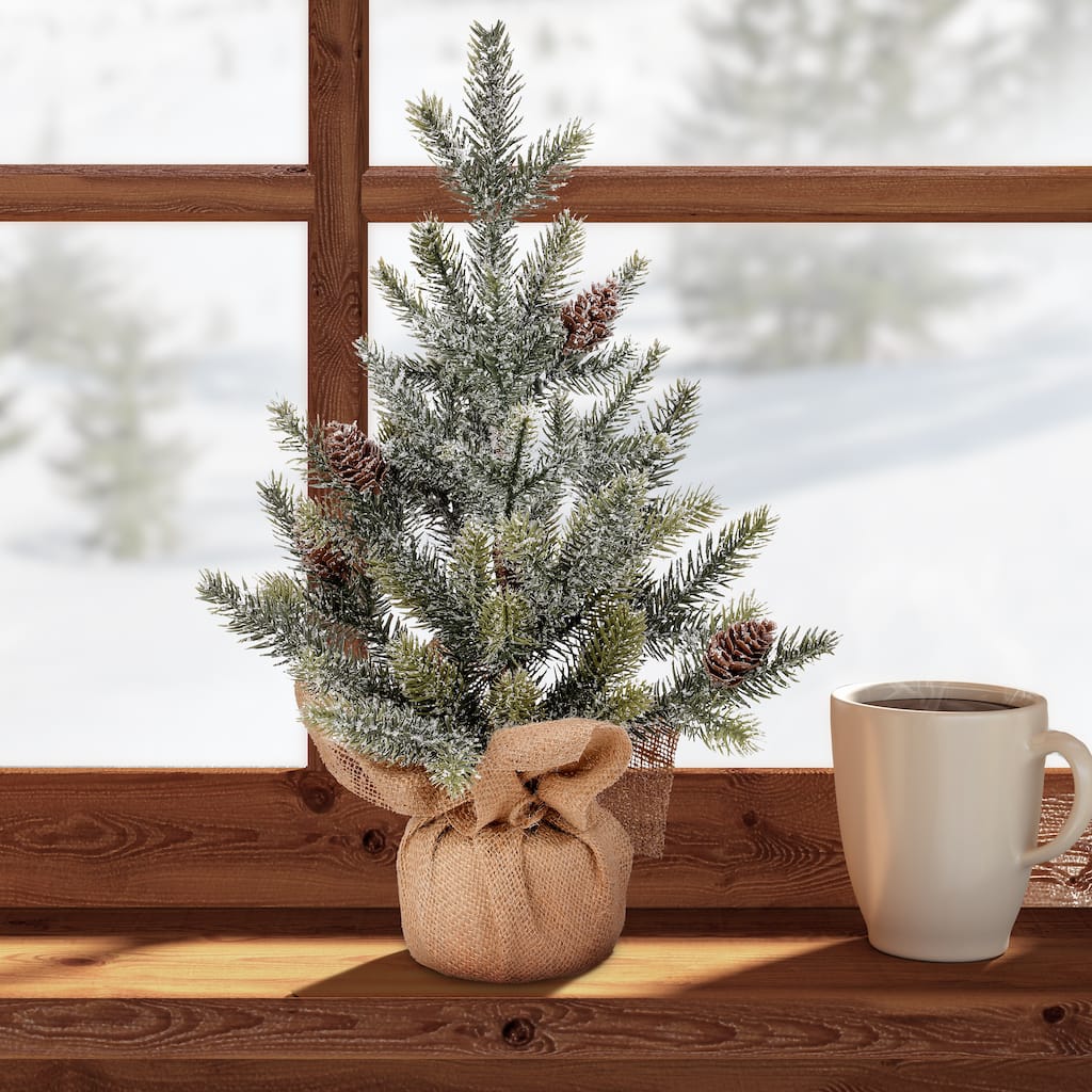 16" Faux Snow Frost Pine Tree In Burlap Set of 2