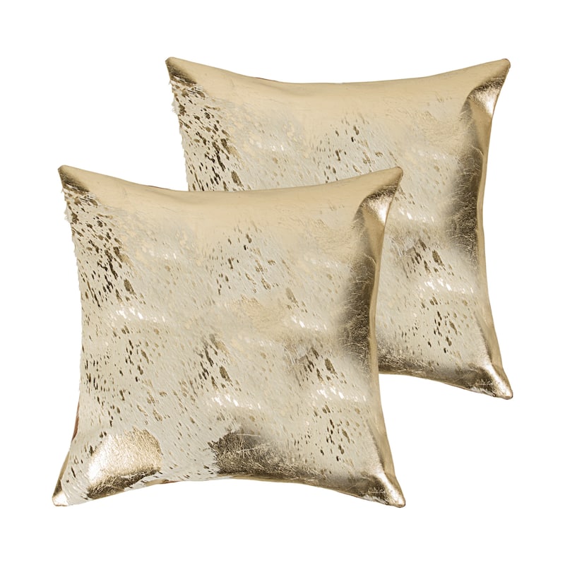 Set of Two 18" Natural and Gold Abstract Cowhide Throw Pillows with Glitter