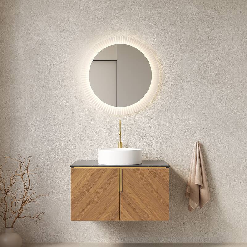 GDFStudio - Arai Modern 30" Floating Bathroom Vanity with Black Sintered Stone Countertop, Ceramic Basin & Double Doors - Brown Oak Cabinet - White Round Ceramic Basin