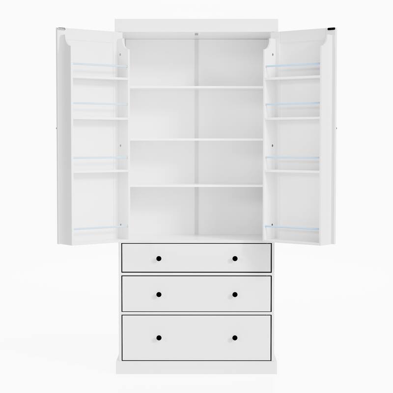 77" Farmhouse Kitchen Pantry, Freestanding Tall Cupboard Storage Cabinet with 3 Adjustable Shelves, 8 Door Shelves, 3 Drawers
