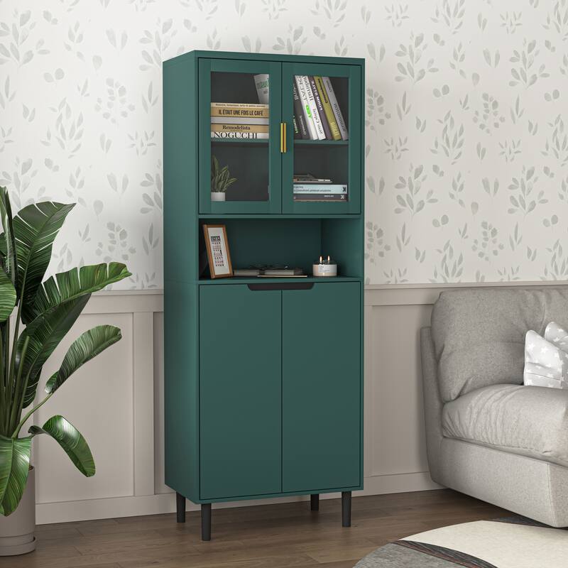 Tall Storage Show Cabinet with 2 Glass Display Door & 2 Doors, Modern Cabinet Freestanding for Bathroom, Dining Living Room - Green