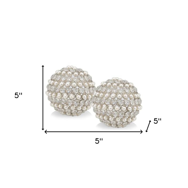 HomeRoots Set Of Two 5" Silver And Clear Faux Crystal Decorative Orb Sculptures - 5" H x 5" W x 5" D