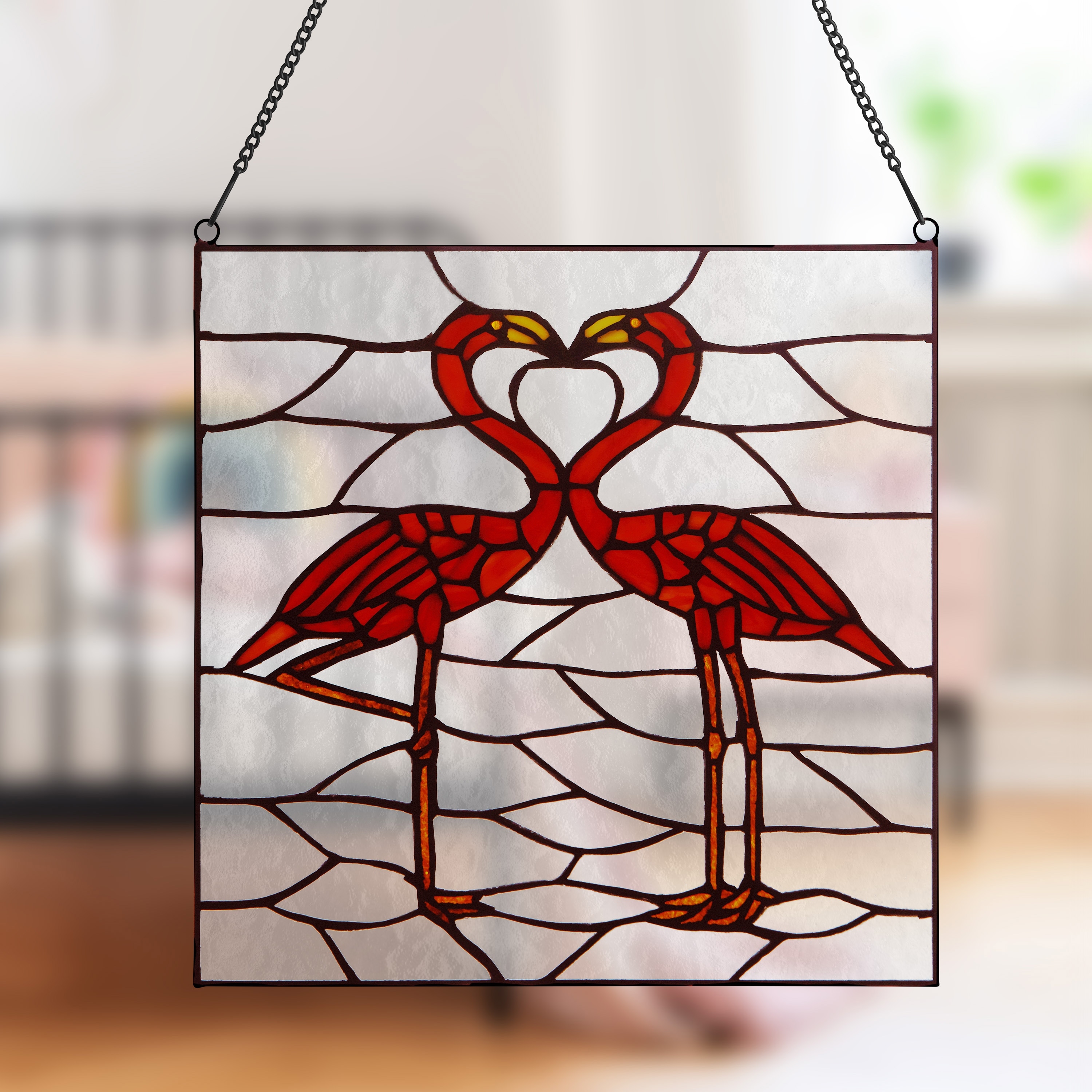 River of Goods Kissing Flamingos Pink, Clear and Brown Tiffany-Style Stained Glass Window Panel - 12" x 0.25" x 12.5"