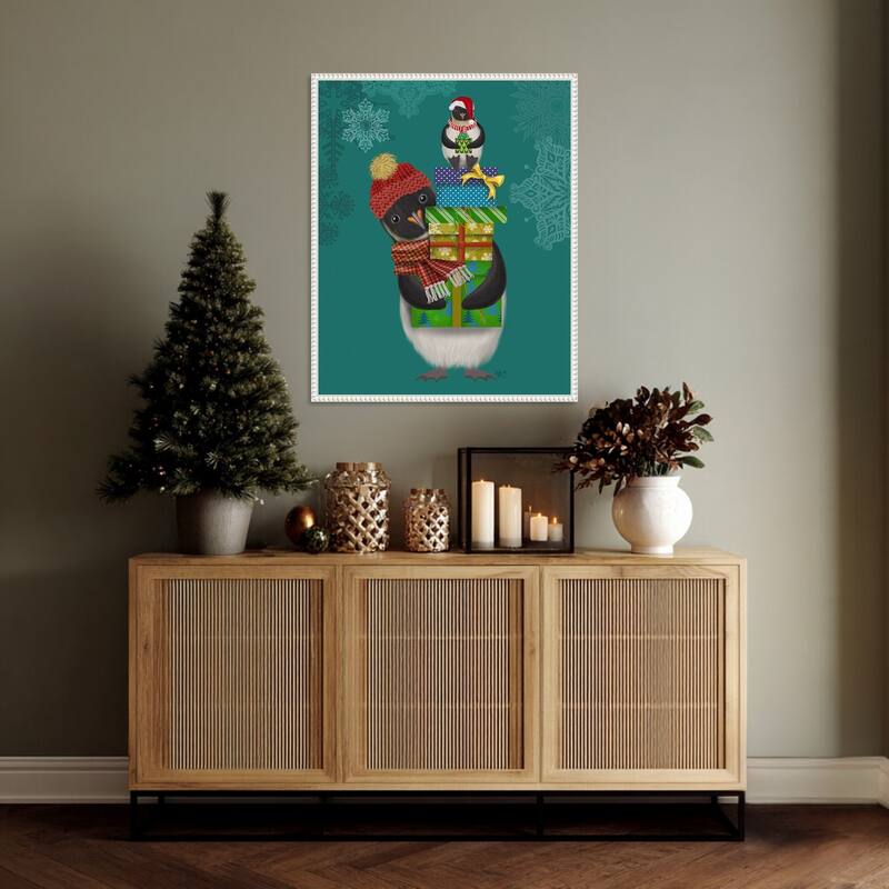 Christmas Penguin Gifts by Fab Funky (23 x 28 in.), Framed Canvas Wall Art Print - Sylvie Beaded White