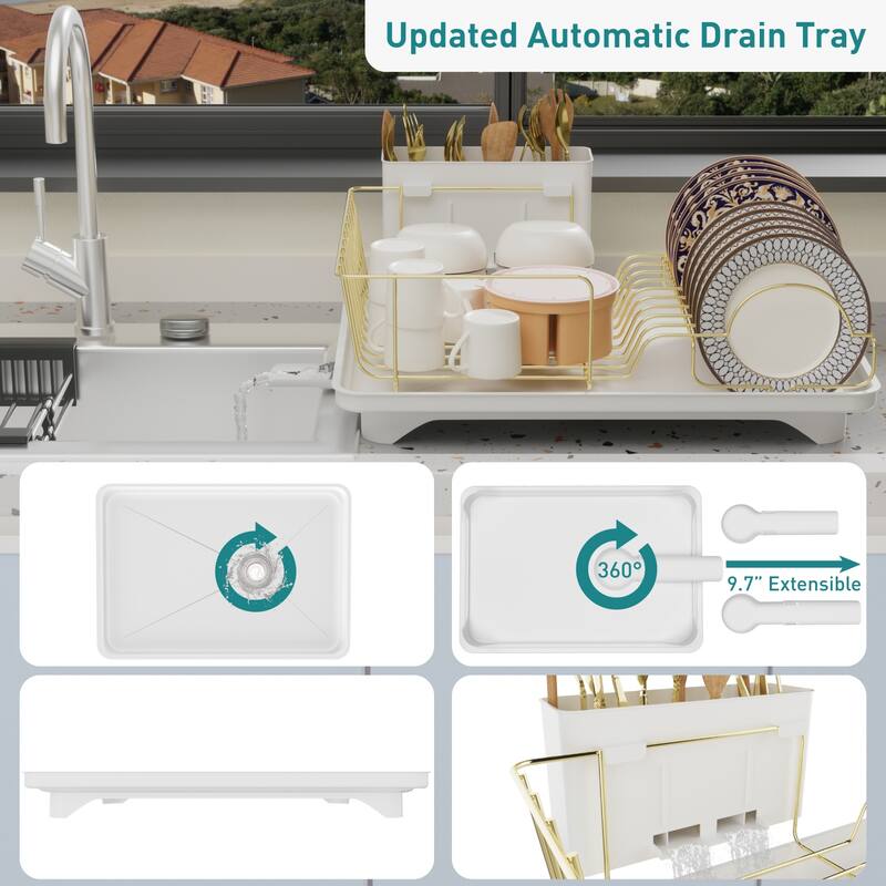 Dish Drying Rack for Kitchen Countertop, Gold Stainless Steel Dish Drainer with Drain Board, Utensil Holder & Anti-Slip Feet