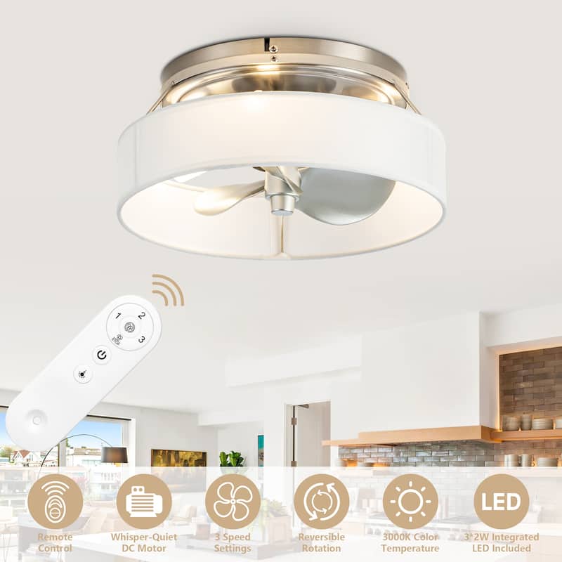 13-inch Brushed Nickel Fabric Caged Flush Mount Ceiling Fan with Light and Remote - Brushed Nickel