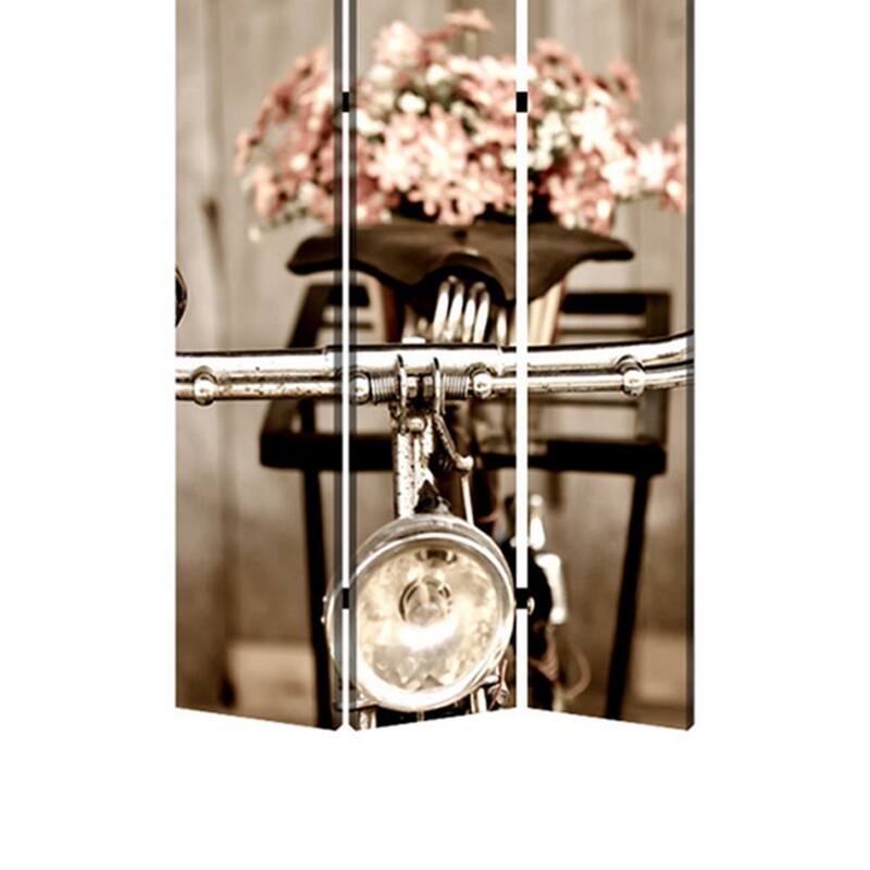 3 Panel Flowers and Cycle Print Foldable Room Divider, Pink and Brown