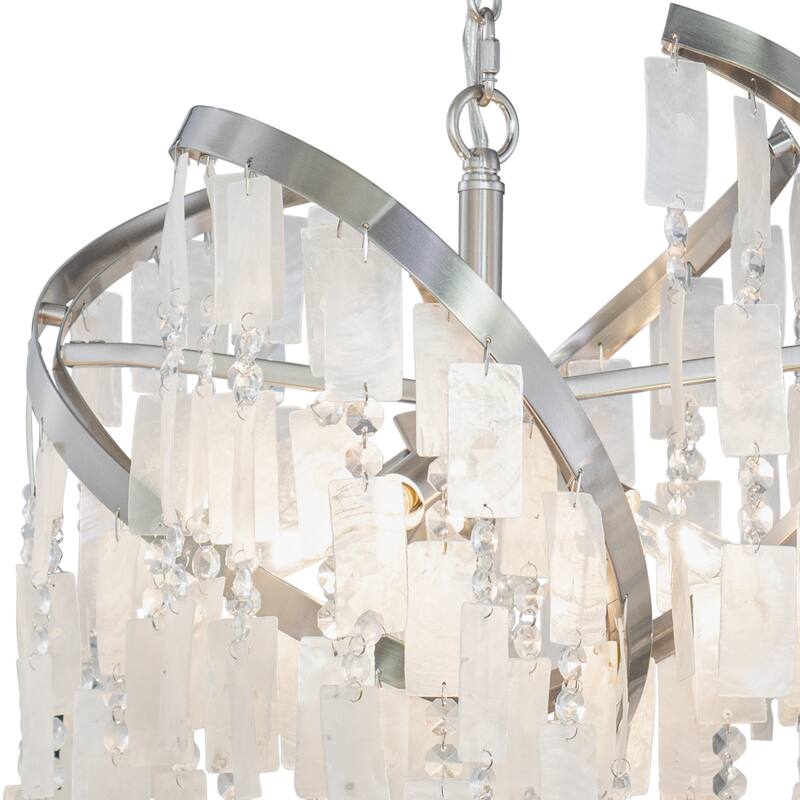 Isabel 4L Satin Nickel Coastal Glam Pendant Chandelier Light with Capiz Shells and Crystal - 16-in W x 20.5-in H x 16-in D