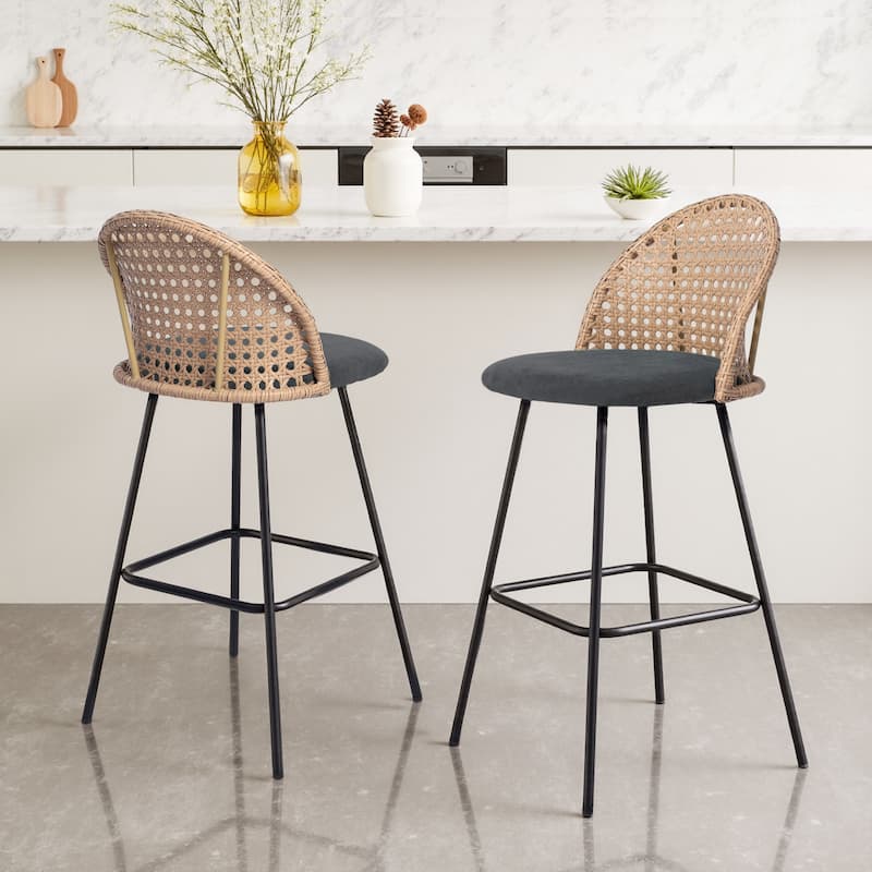 29"H Upholstered Bar Stools Counter Stools with Rattan Back Set of 2 - Set of 2
