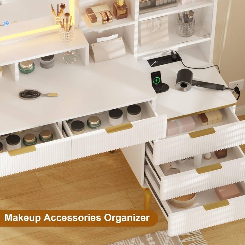 Makeup Vanity Desk with Lighted Mirror, 5 Drawers, Storage Shelves, Power Outlets