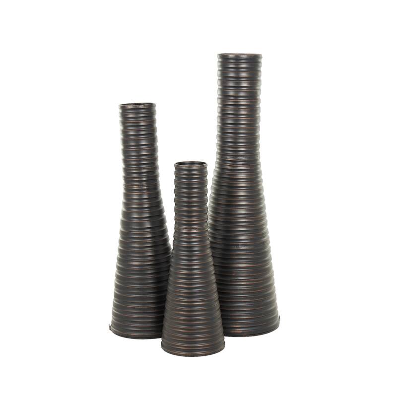 Bronze Metal Ribbed Tall Cone Floor Decorative Vase with Horizontal Grooves (Set of 3)