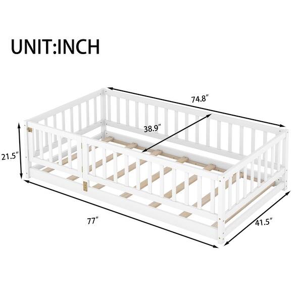 dimension image slide 3 of 8, Montessori Floor Bed with Fence Guardrail and Removable Door Toddler Floor Wood Bed Frame for Kids Boys Girls Children's Room