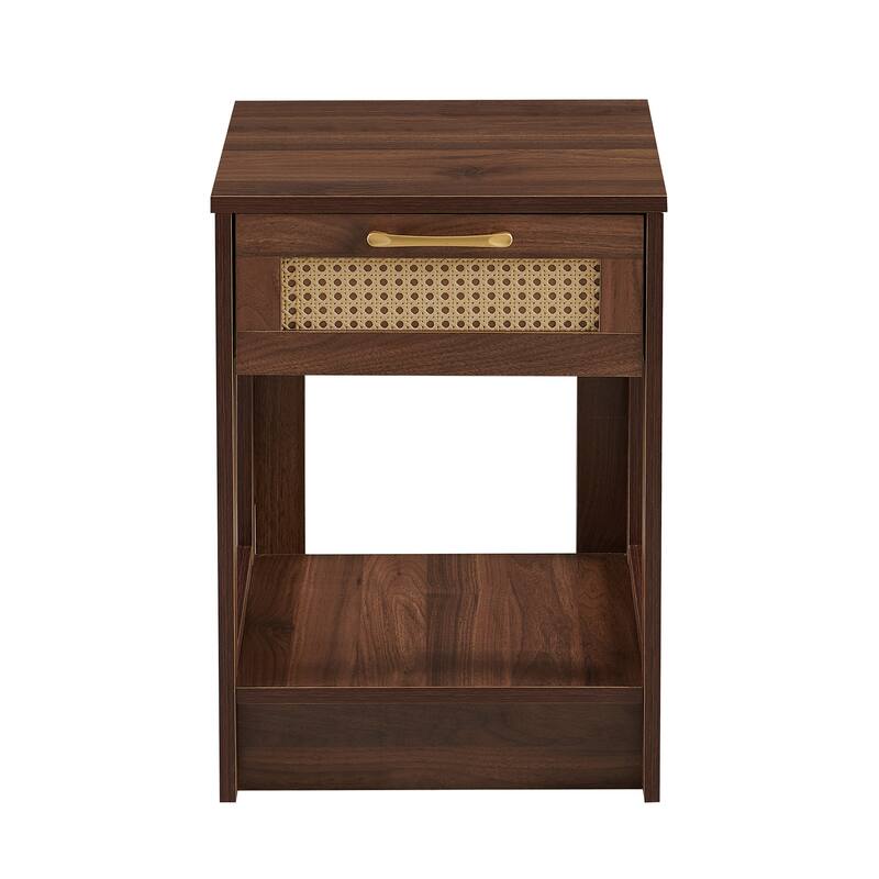 PE Rattan End Table with Drawer, Modern Nightstand, Side Table for Living Room, Bedroom, Walnut Color