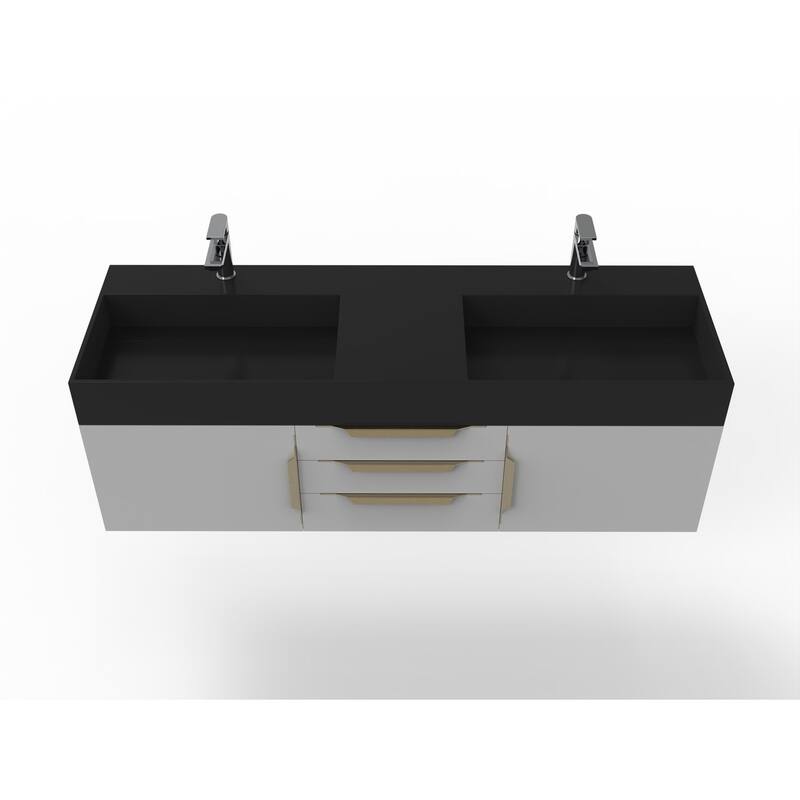 Amazon 60" Wall Mounted Bathroom Vanity Set w/ Black Top