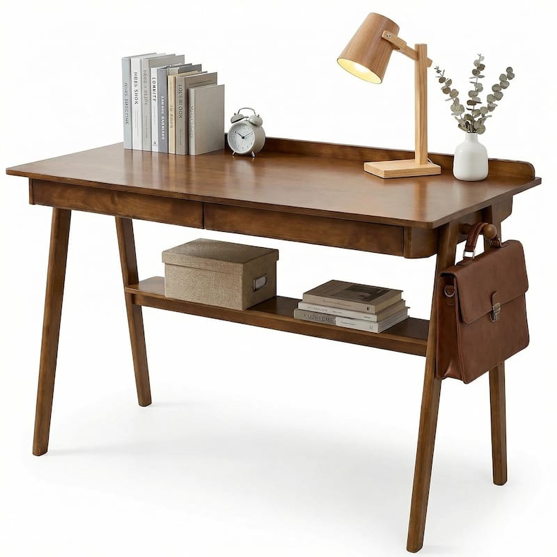 Solid Wood Writing Desk, Home Office Desk for Small Spaces, Mid Century Modern Desks with 2 Drawers & Storage Shelf - Walnut