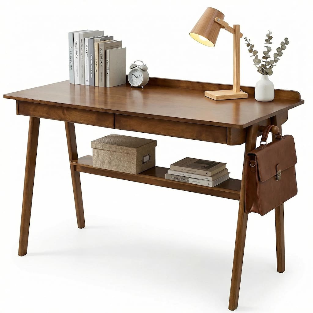 Solid Wood Writing Desk, Home Office Desk for Small Spaces, Mid Century Modern Desks with 2 Drawers & Storage Shelf