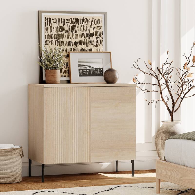 Modern Minimalist Wood Nightstand With Doors ,31.5" End Table,Reeded Design Bedside Table