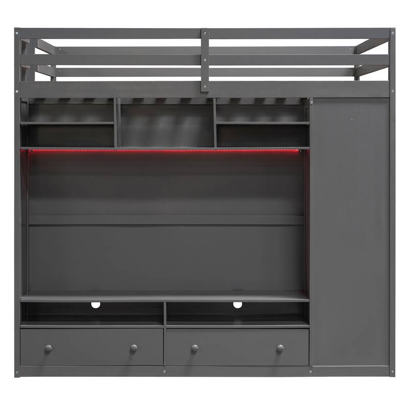 Full Loft Bed with Storage Drawers Shelves and Adjustable LED Lighting
