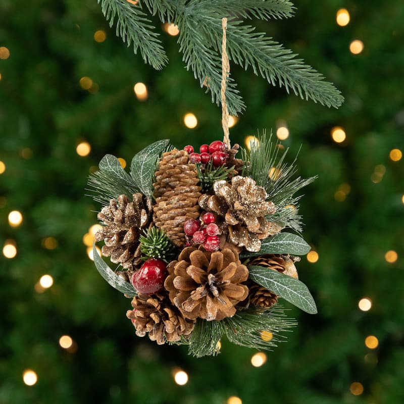 6" Green Mixed Foliage Pinecone Berries Hanging Christmas Ornament