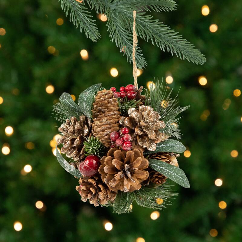6" Green Mixed Foliage Pinecone and Berries Hanging Christmas Ball Ornament