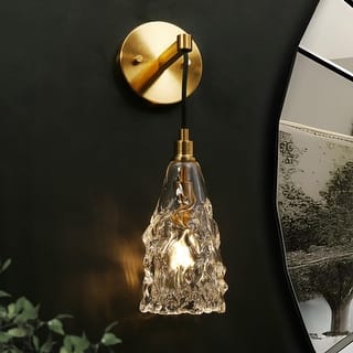 Uolla Modern Glam Art Deco 1-Light Brass Bathroom Wall Sconce with Hammerd Glass - D 4.5" x H 7.5"