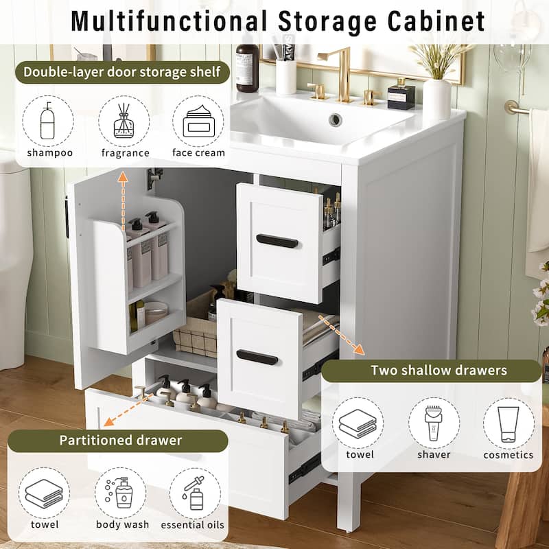 24" Modern Bathroom Vanity with Ceramic Sink - Soft-Close Door, 3 Drawers, Double-Layer Shelf, Minimalist Design