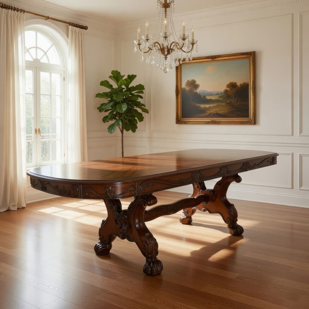 Dresden Dining Table With Two Encarved Pedestal, Cherry Oak - Cherry Oak