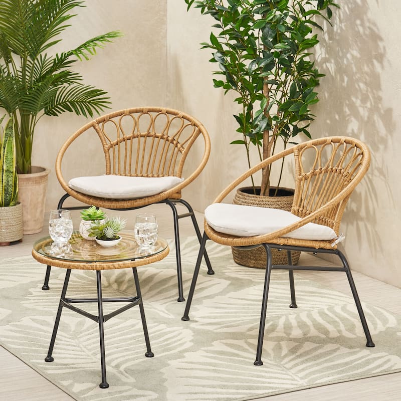 Banya Outdoor Faux Wicker Chat Set by Christopher Knight Home - Light Brown + Matte Black + Black + Beige