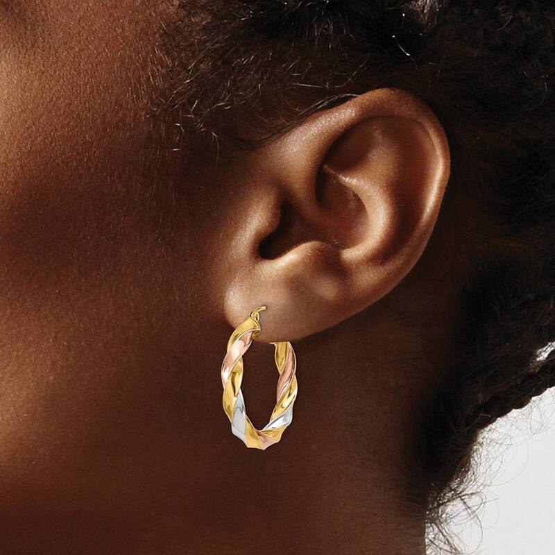 Curata 14k Tri-color Gold Light 4x29mm Twisted Hoop Earrings