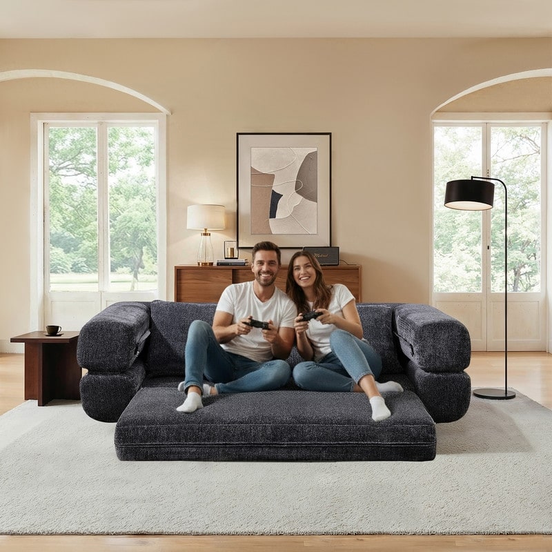 Modern Chenille Convertible Sofa Bed Queen Size Split Back Design