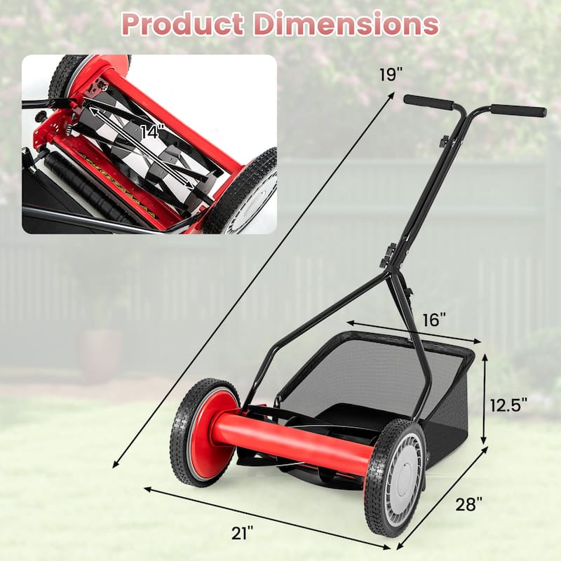 Green Steel Manual Reel Lawn Mower with 4 Heights and Grass Catcher Bag - 21" L x 28" W x 49" H