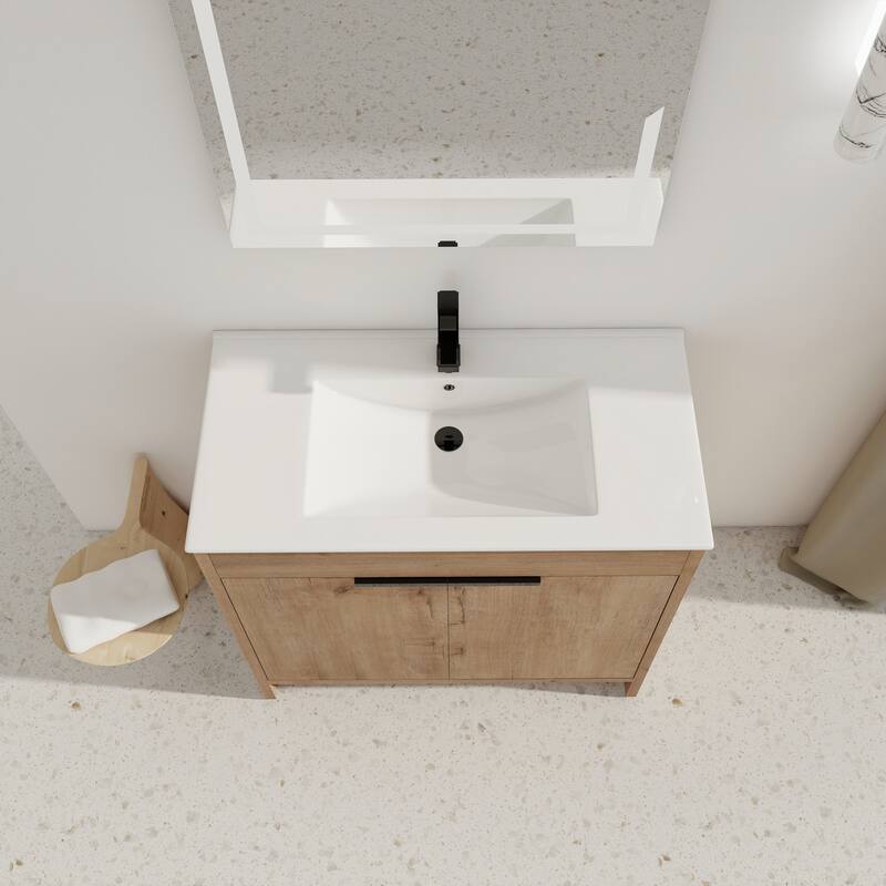 Bathroom Vanity with Ceramic Vessel Sink, Adjustable Shelves, Metal Handles, Soft-Closing Door Hinges - 35.9in L Plywood