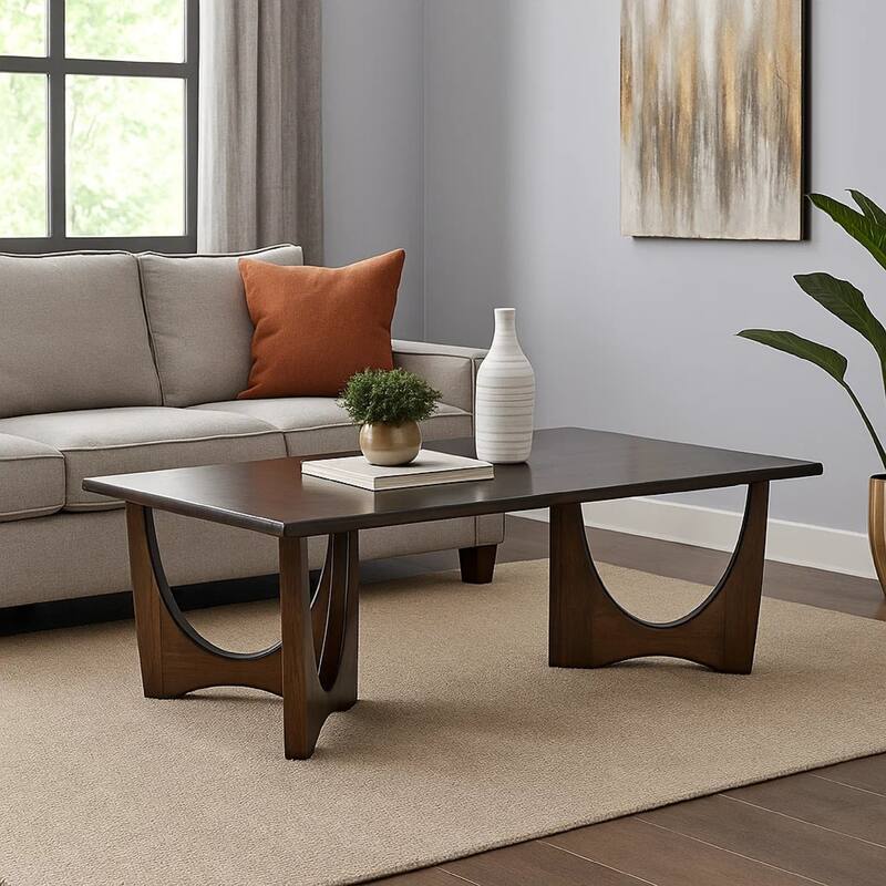 Natra Coffee Table, 52 Inch Rectangular, Sculpted Solid Wood Dark Brown