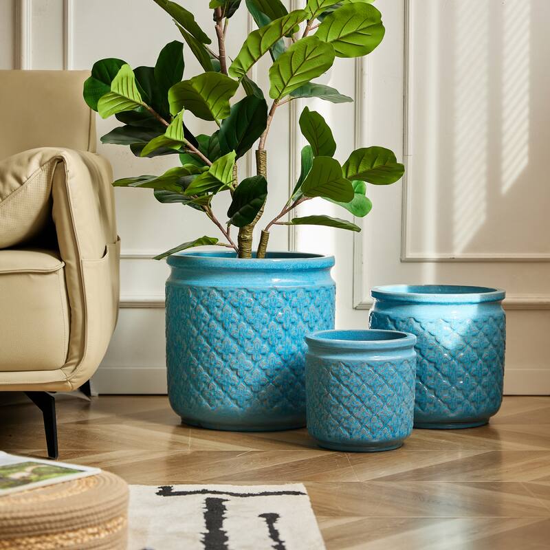 Set of 3 Handmade Ceramic Planters, Diamond, Pattern Breathable Clay - Antique Blue