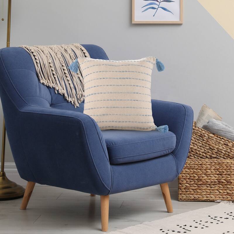 HomeRoots 20" X 20" Denim Blue And Ivory 100% Cotton Striped Zippered Pillow