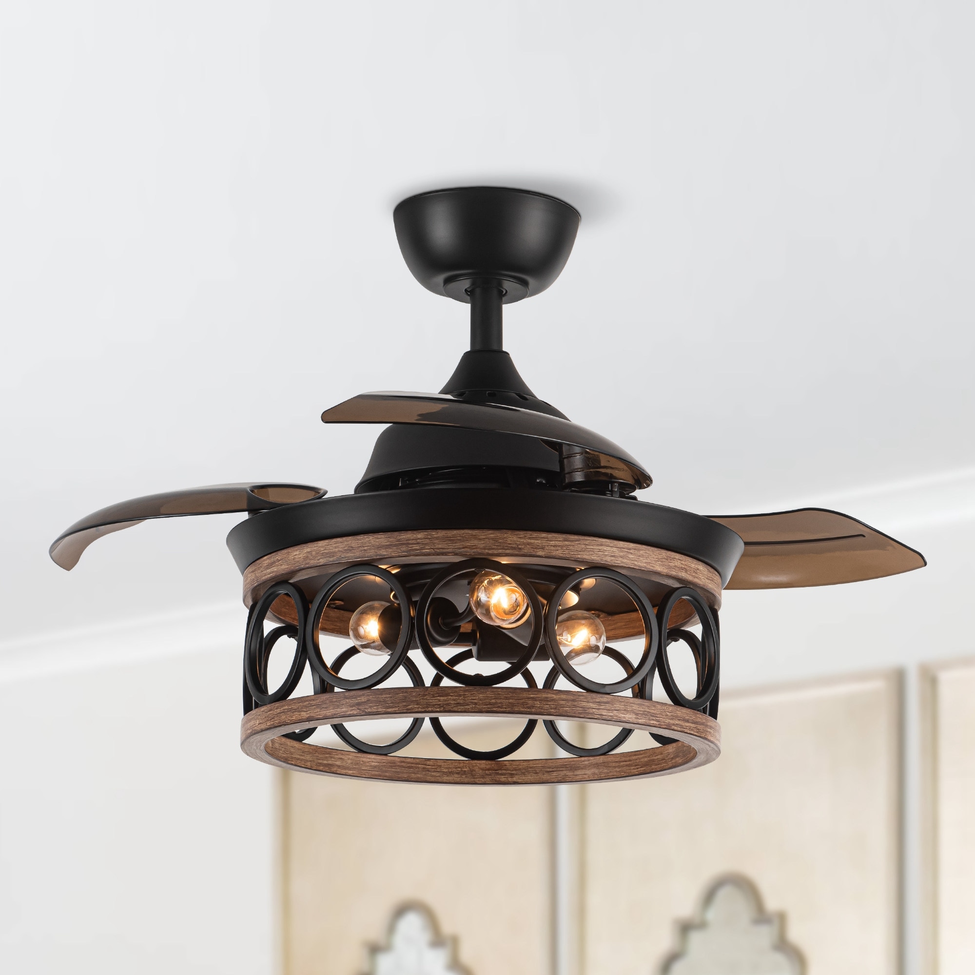 36" Metal Retractable 3-Blade Ceiling Fan Chandelier with Wall Switch