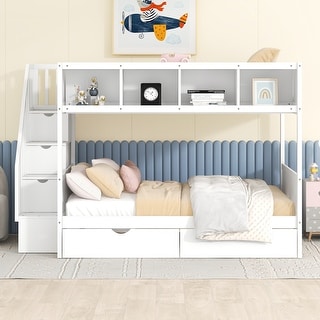 Twin over Full Bunk Bed with Storage and Drawers, White
