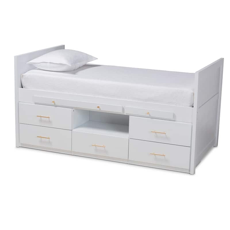 Twin Storage Bed with Desk - 5 Drawer Wood Bed Frame - White Finish - Kids Bedroom Furniture
